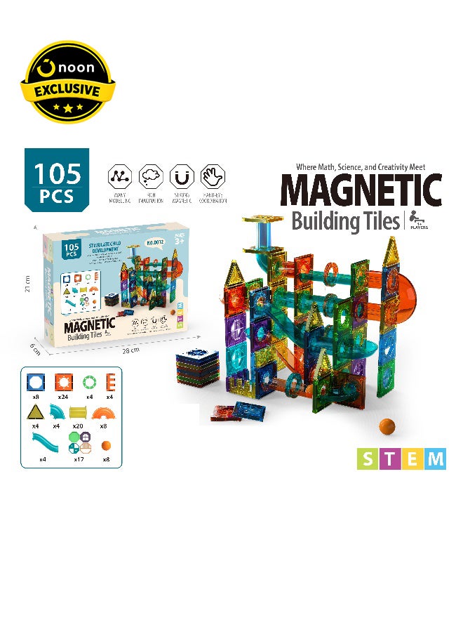 Magni Mates 105 PCS Magnetic Building Tiles DIY Blocks Set – Colorful Magnetic Construction Blocks with Marble Run Slides for Kids STEM Creative Learning Play Toy - Image 1